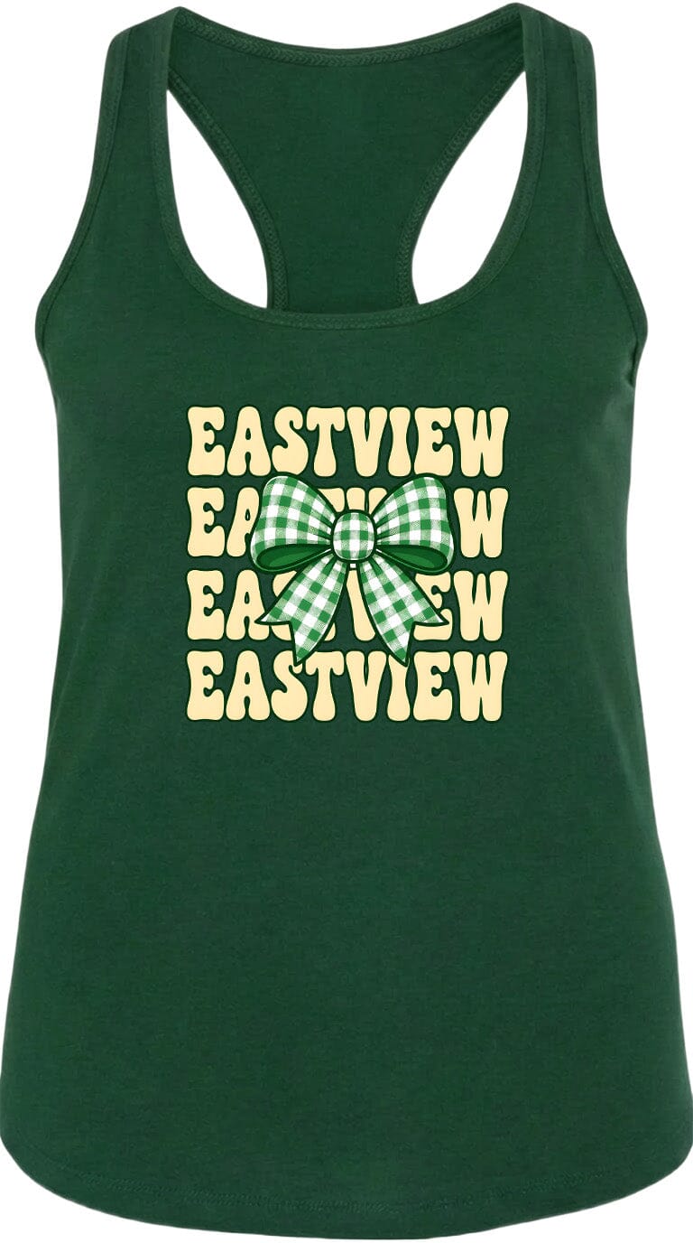 A green tank top with a bow and the text "EASTVIEW" printed on it.