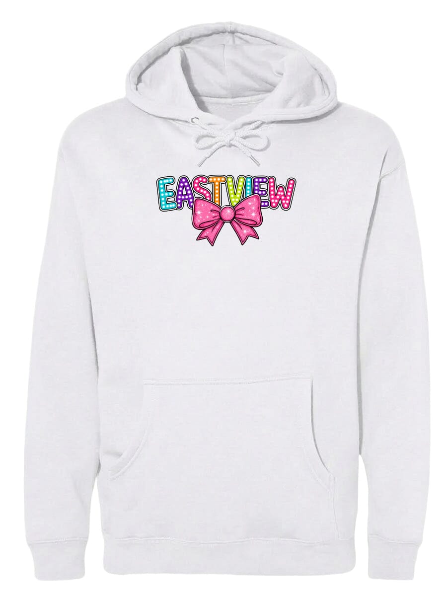A white hoodie with a colorful bow and the word "EASTVIEW" printed on it.