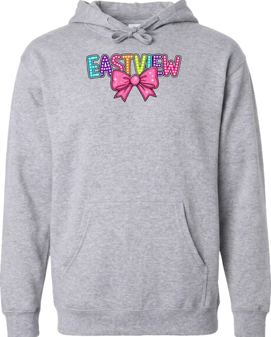 A gray hoodie with a colorful bow and the word "EASTVIEW" printed on it.