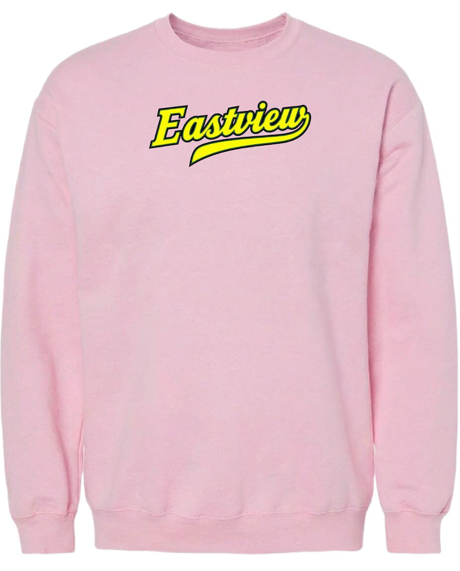 A pink sweatshirt with the word "Eastview" printed in yellow on the front.