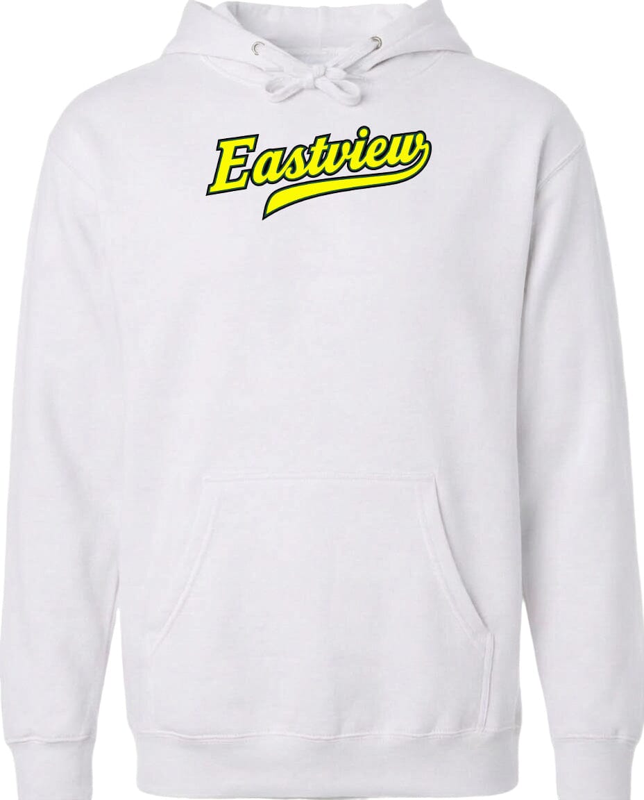 A white hoodie with a yellow text logo on the front.