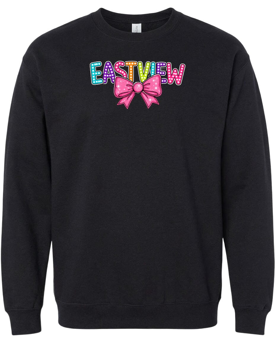 A black sweatshirt with a colorful bow and the word "EASTVIEW" printed on it.