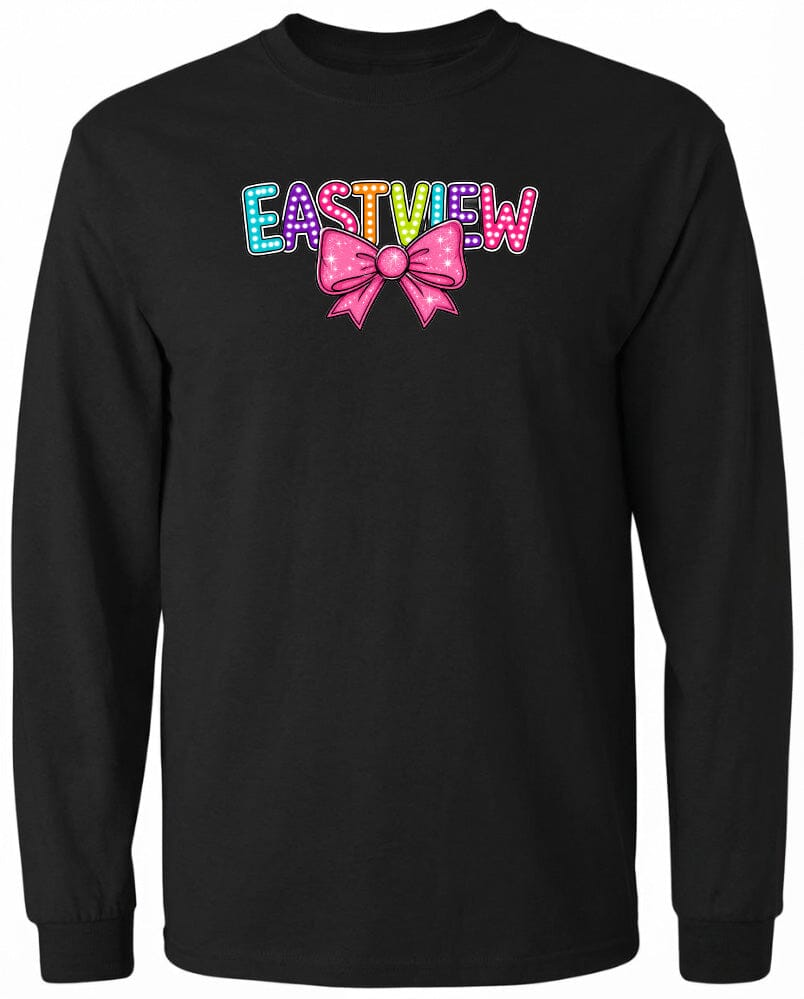 A black long-sleeved shirt with a colorful bow and the word "EASTVIEW" printed on it.