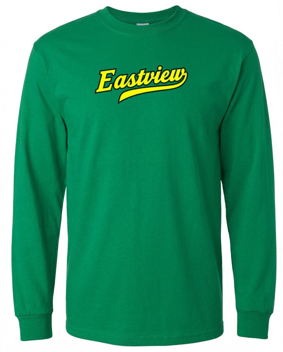 A long-sleeved green t-shirt with the word "Eastview" printed in yellow on the front.