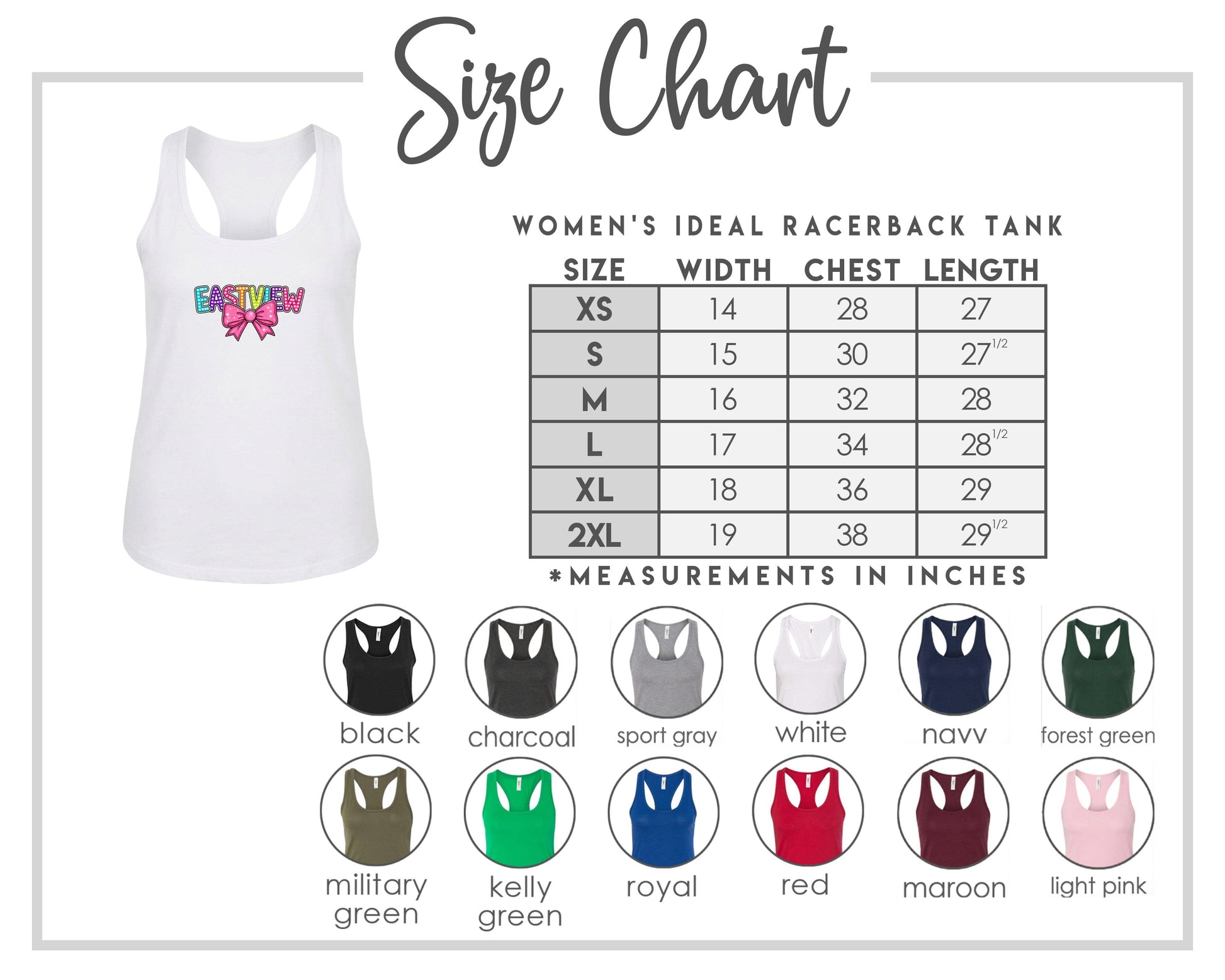 The image is a size chart for a women's ideal racerback tank, including a white tank with a colorful design and a table with size and color options.