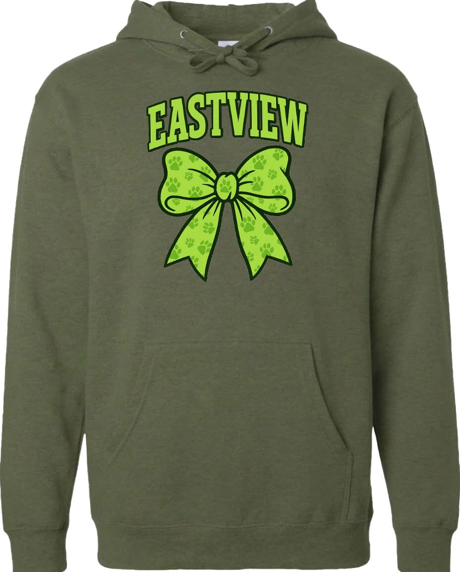 A green hoodie with a large green bow and paw prints printed on it.