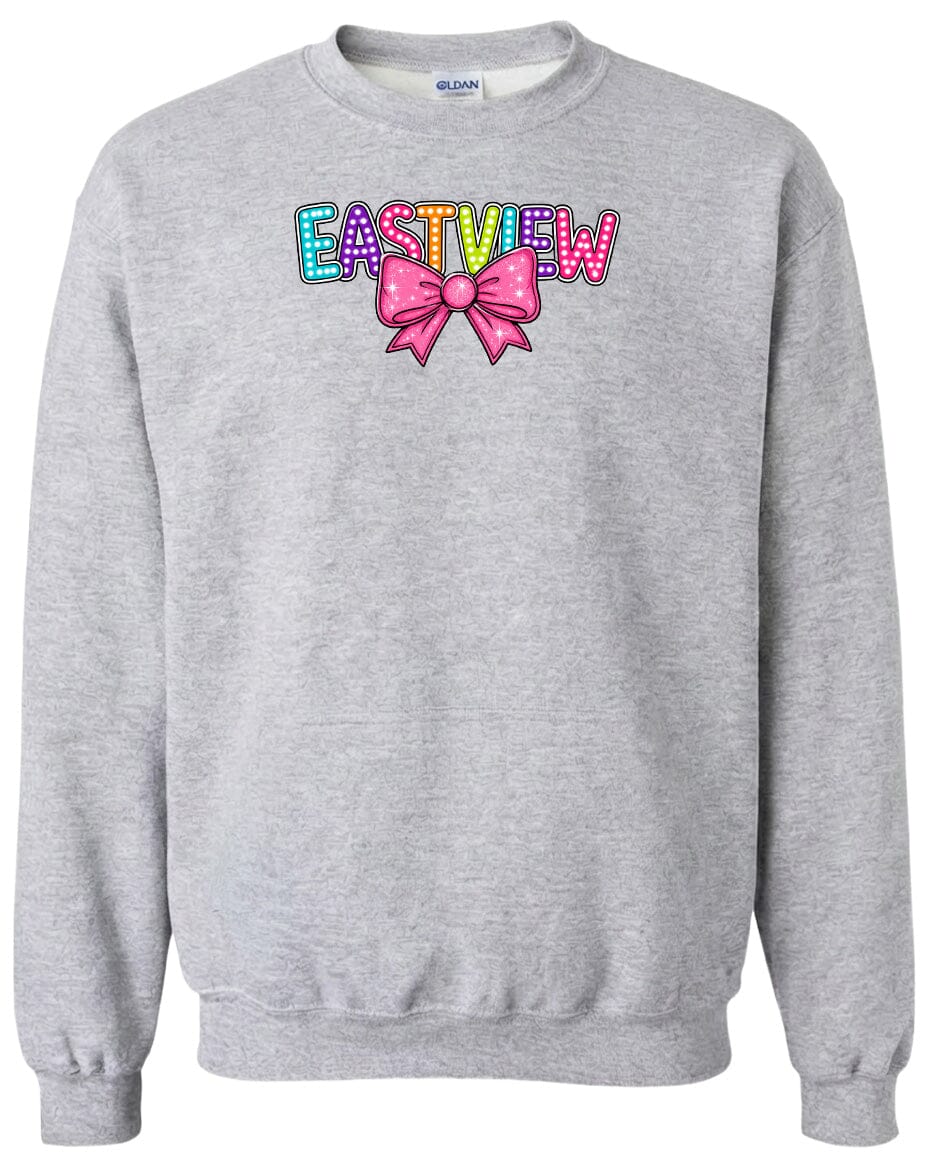 A gray sweatshirt with a colorful bow and the word "EASTVIEW" printed on it.