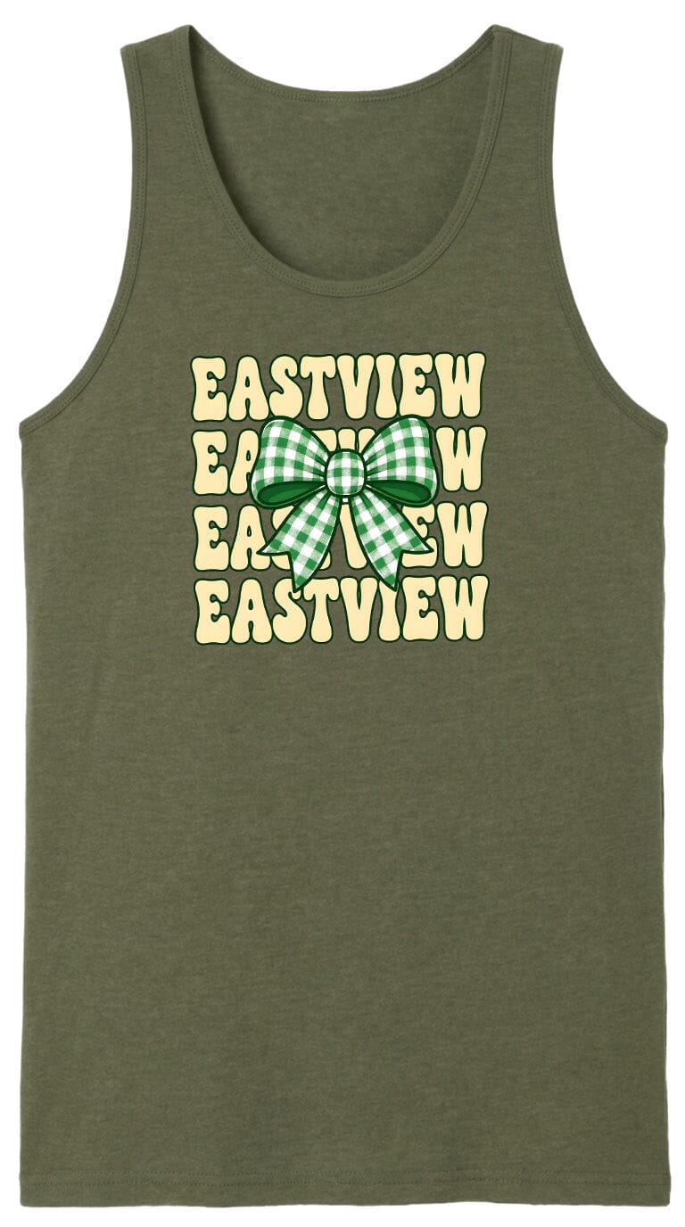 A green tank top with a bow and the text "EASTVIEW" printed on it.