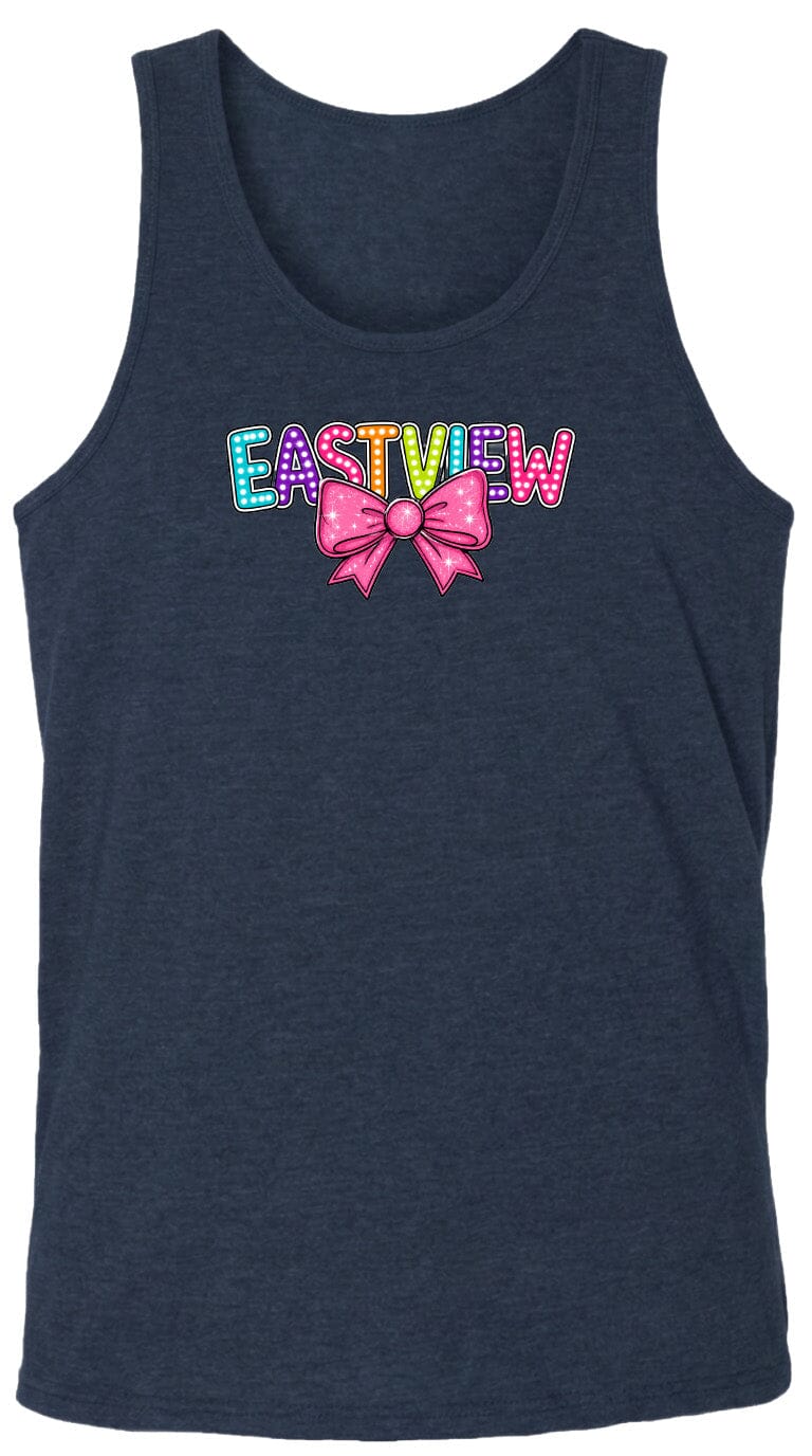 A dark blue tank top with the text "EASTVIEW" and a bow graphic printed on it.