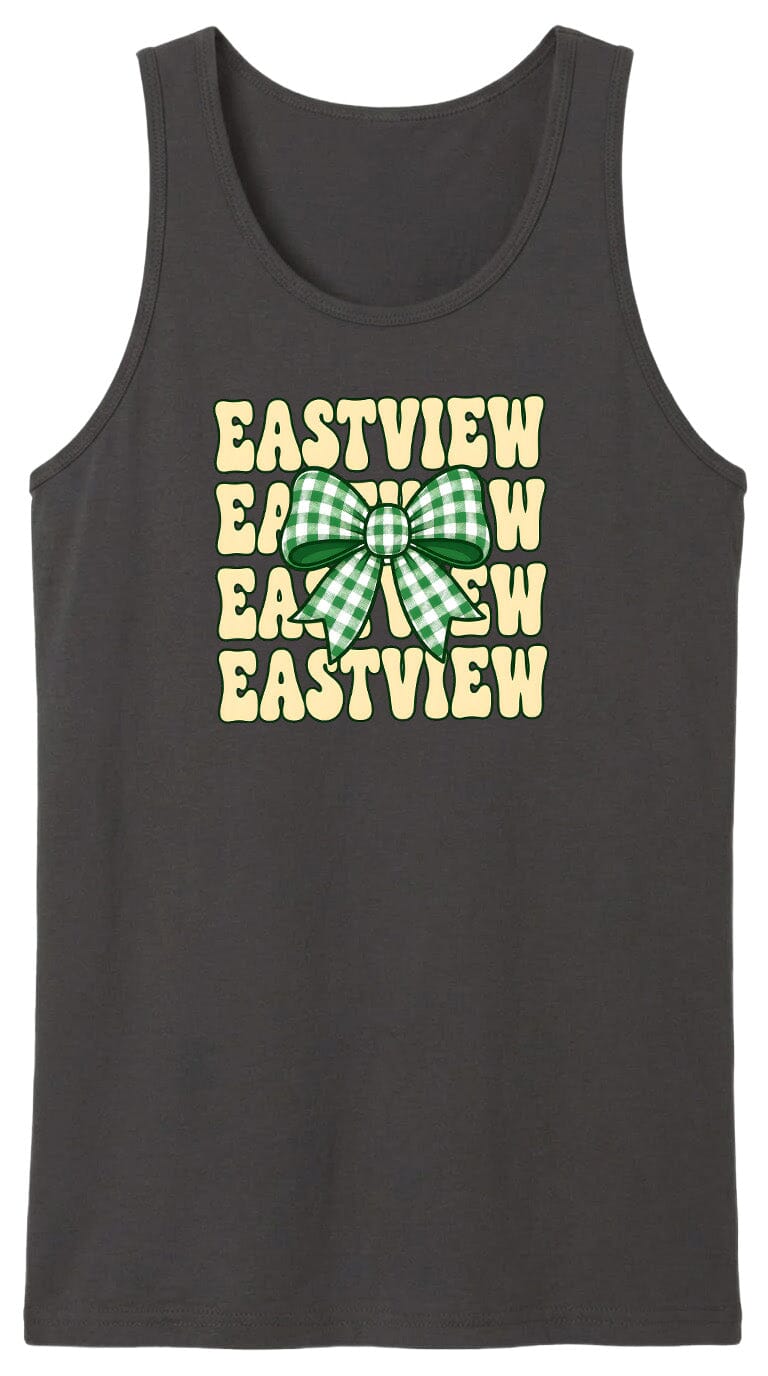 A black tank top with a graphic design featuring a green and white checkered bow on the front.