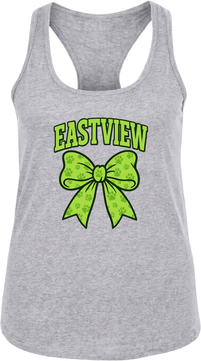 A gray tank top with a green bow and the text "EASTVIEW" printed on it.