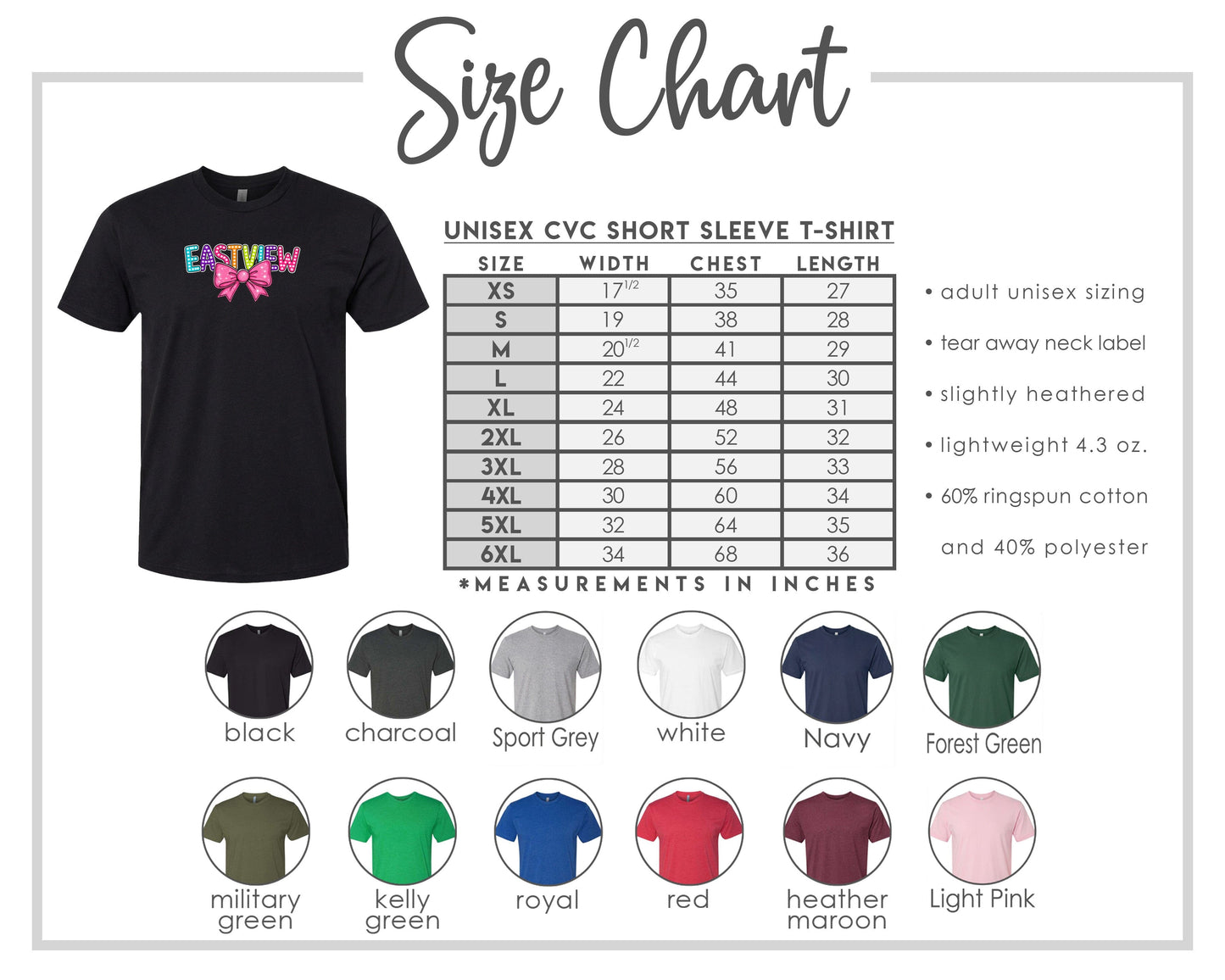 The image is a size chart for a UNISEX CVC short sleeve t-shirt, providing measurements in inches for different chest and waist sizes. The chart includes a black t-shirt, a variety of colored t-shirts, and a black and green t-shirt.