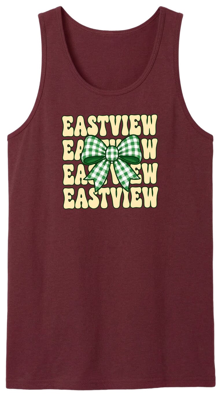 A burgundy tank top with a graphic design featuring a green and white checkered bow and the text "EASTVIEW EASTVIEW EASTVIEW" repeated in a vertical pattern.