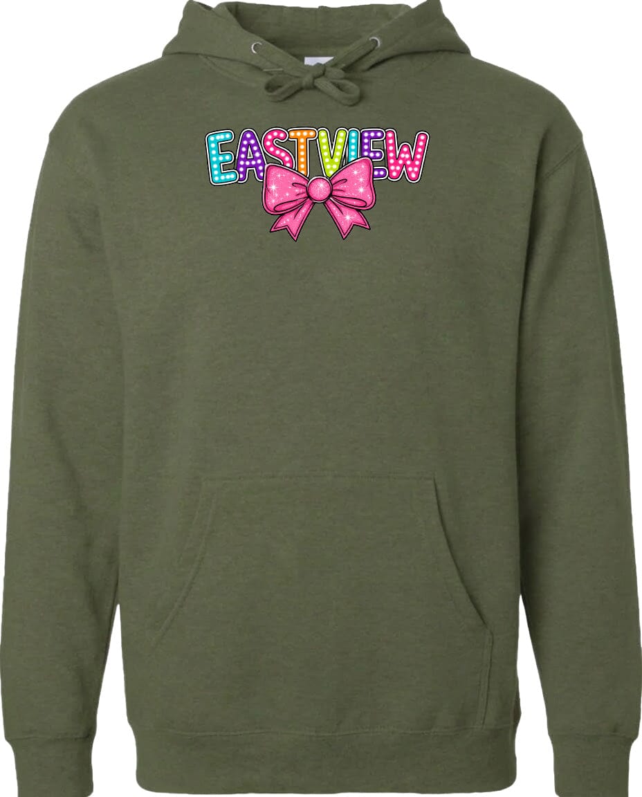 A green hoodie with a colorful bow and the word "EASTVIEW" printed on it.