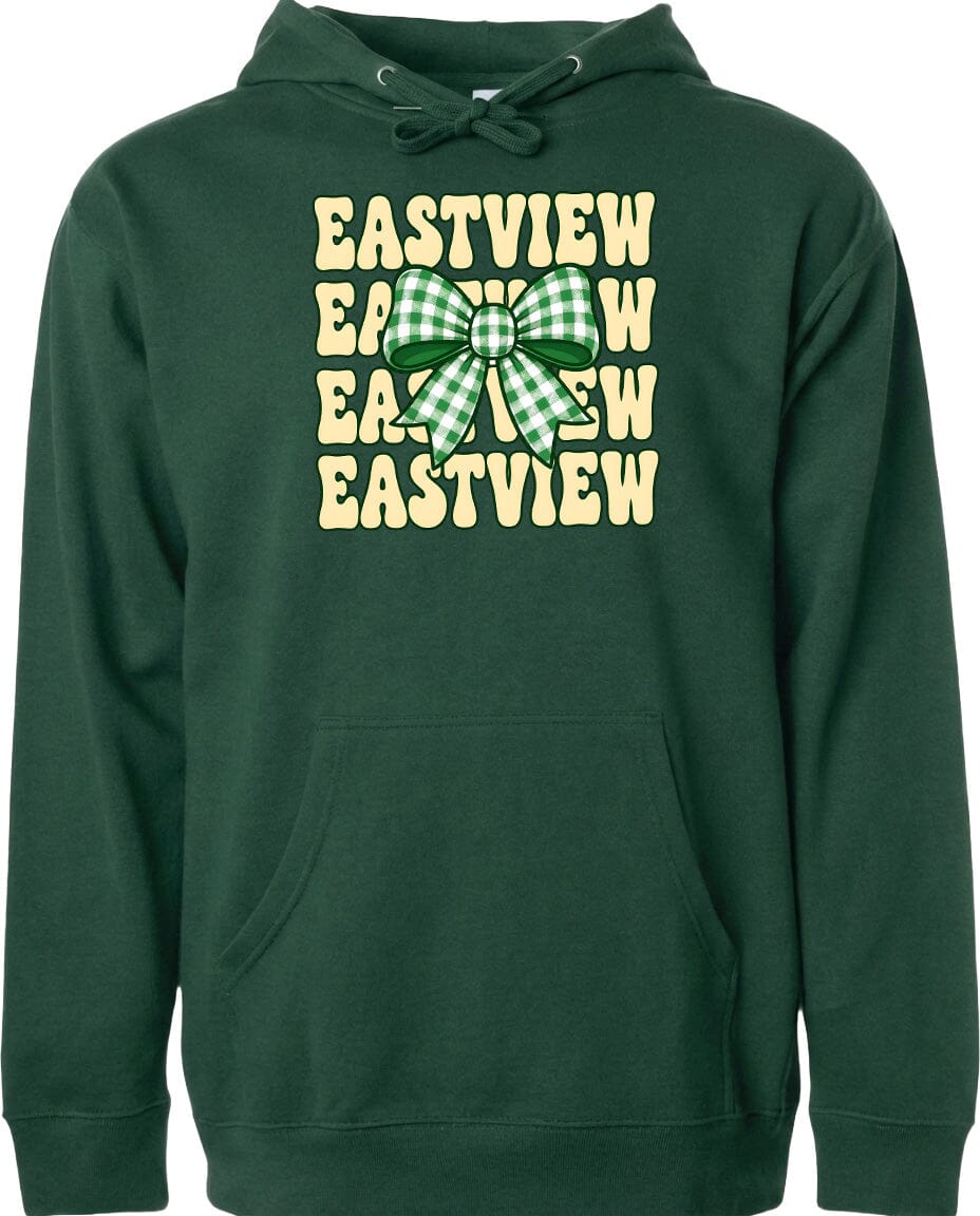 A green hoodie with a graphic design featuring a bow and the text "EASTVIEW" repeated multiple times.
