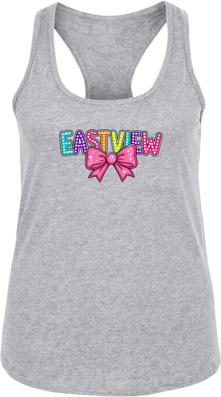 A gray tank top with a colorful bow and the word "EASTVIEW" printed on it.