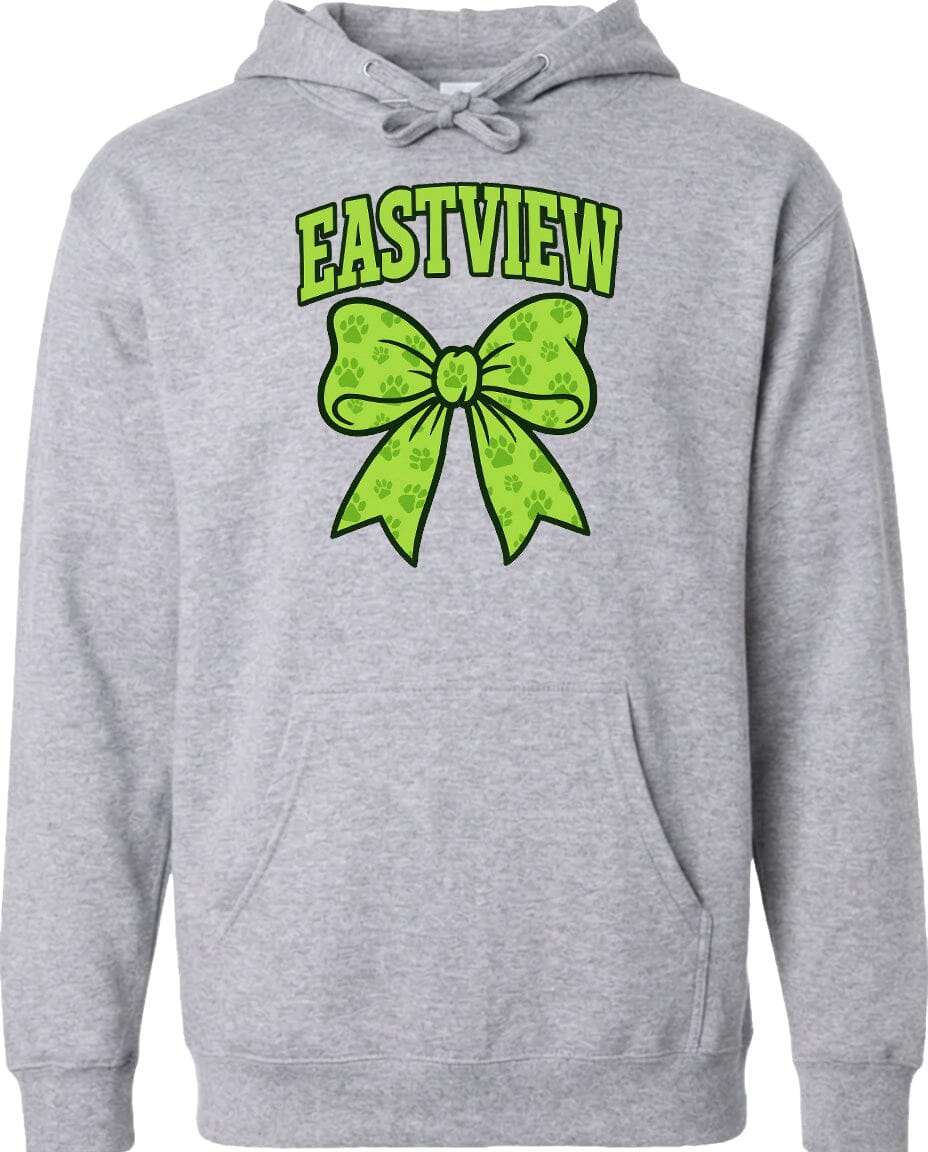 A gray hoodie with a green bow and paw prints printed on it.