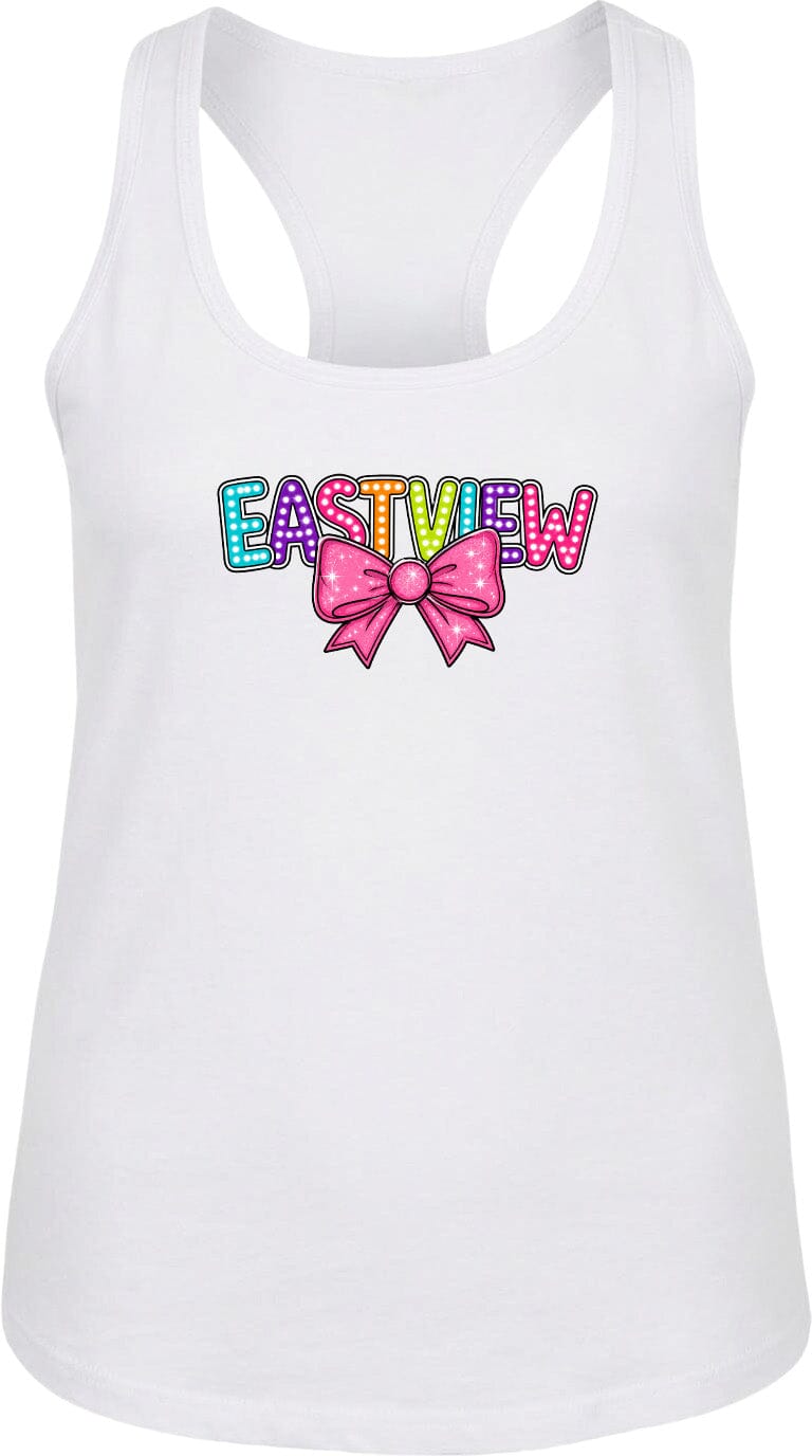 A white tank top with the word "EASTVIEW" printed on it in a colorful, stylized font.