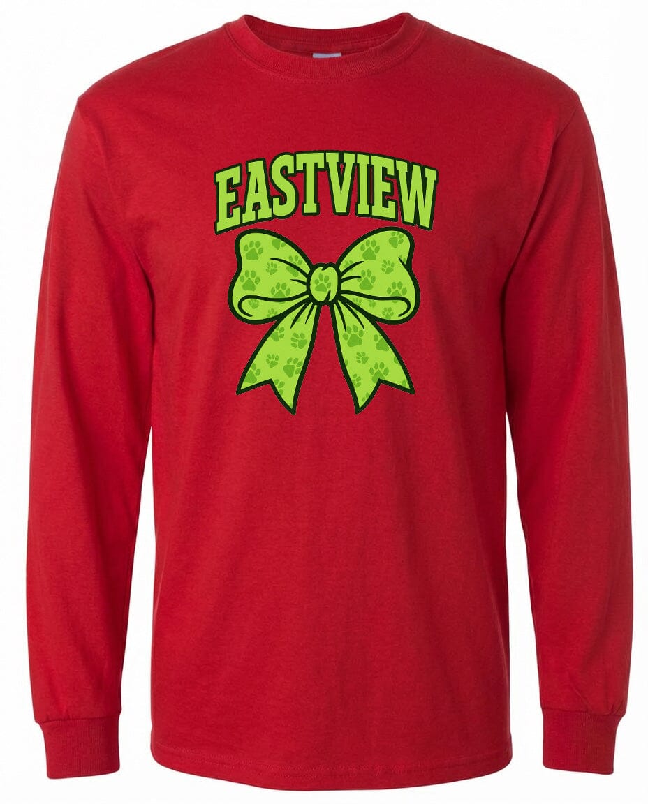 A red long-sleeved t-shirt with a green bow and paw prints printed on it.