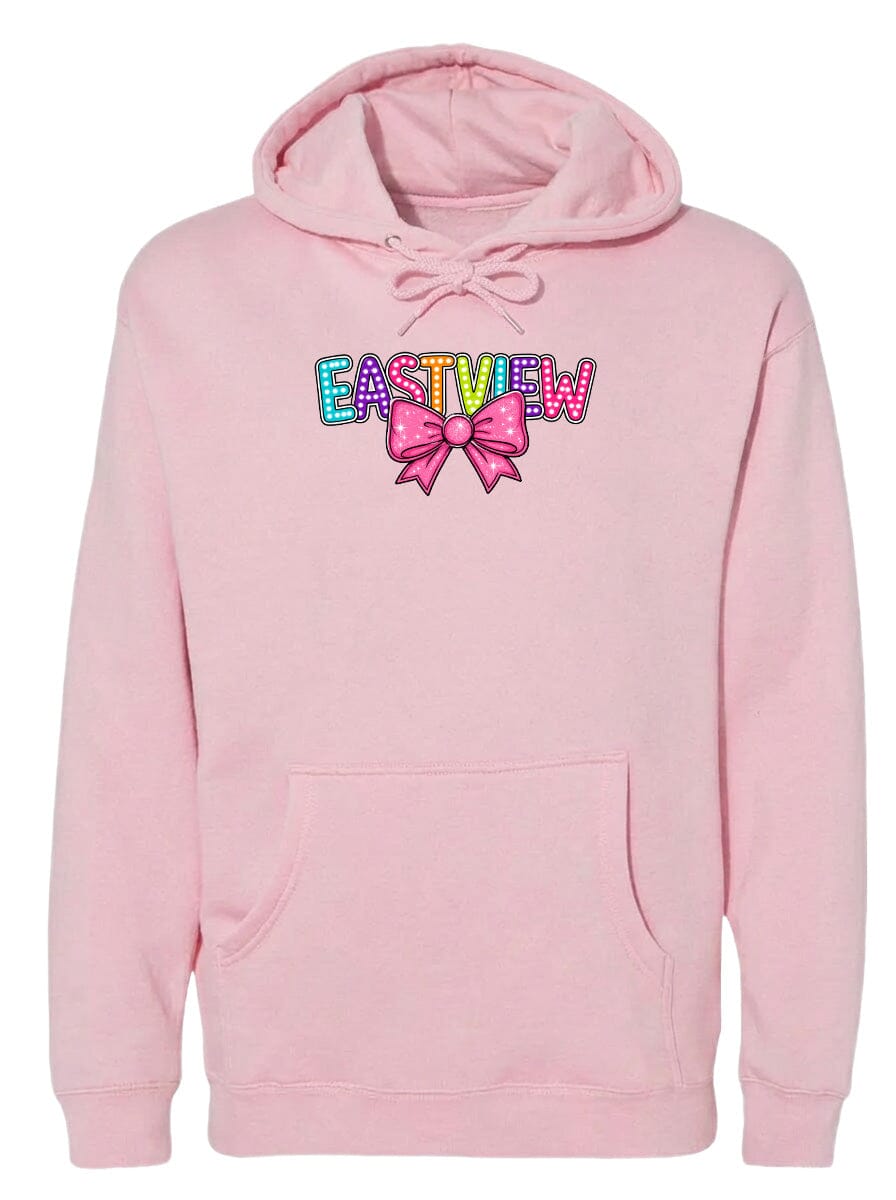A pink hoodie with the word "EASTVIEW" printed on it, along with a bow design.