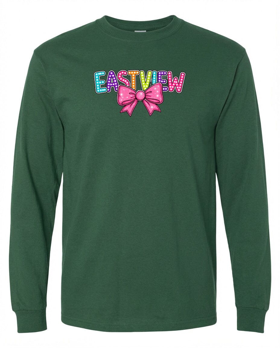 A green long-sleeved shirt with a colorful bow and the word "EASTVIEW" printed on it.