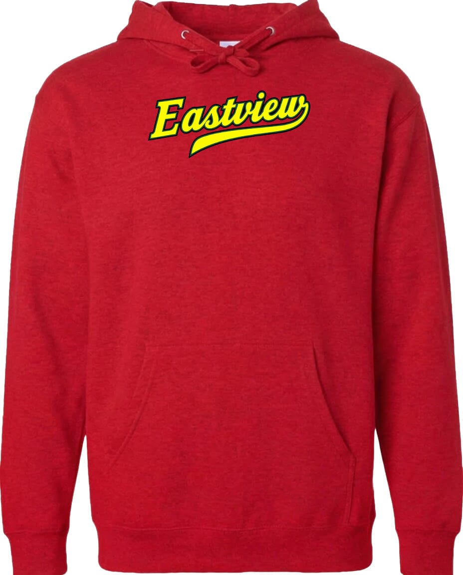 A red hoodie with the word "Eastview" printed on it in yellow text.