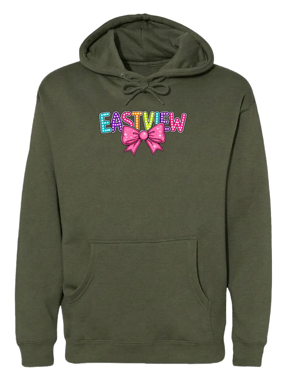 A green hoodie with a colorful bow and the word "EASTVIEW" printed on it.