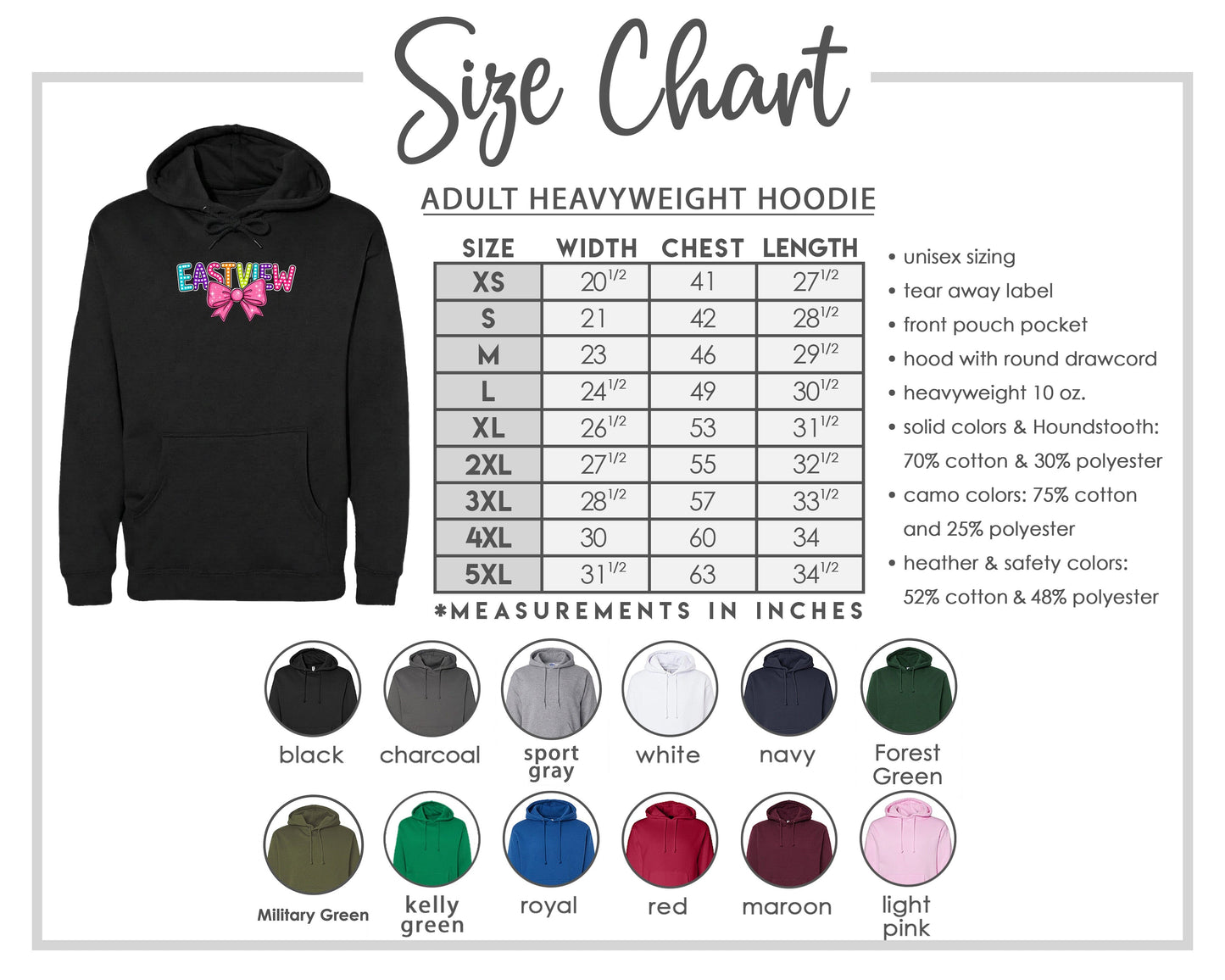 The image is a size chart for an adult heavyweight hoodie, including various color options and measurements in inches.