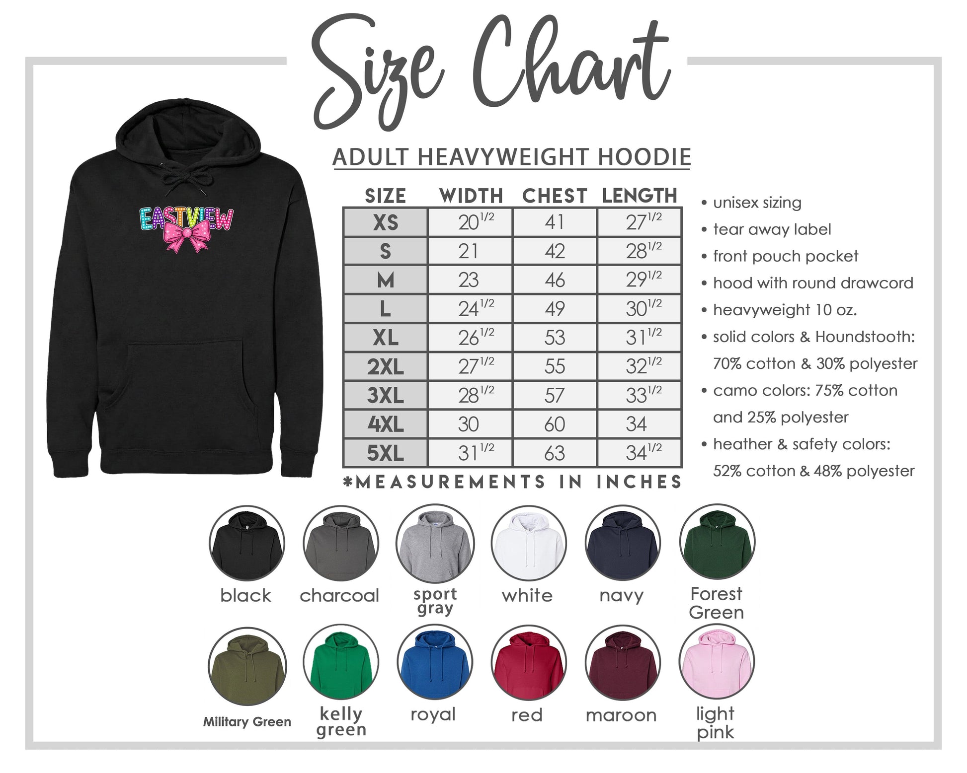 The image is a size chart for an adult heavyweight hoodie, including various color options and measurements in inches.