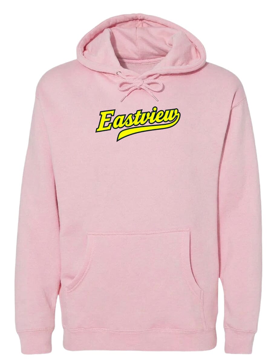 A pink hoodie with the word "Eastview" printed on it in yellow text.