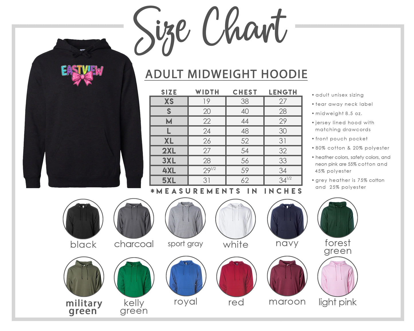 The image is a size chart for an adult midweight hoodie, including various color options and corresponding measurements in inches.