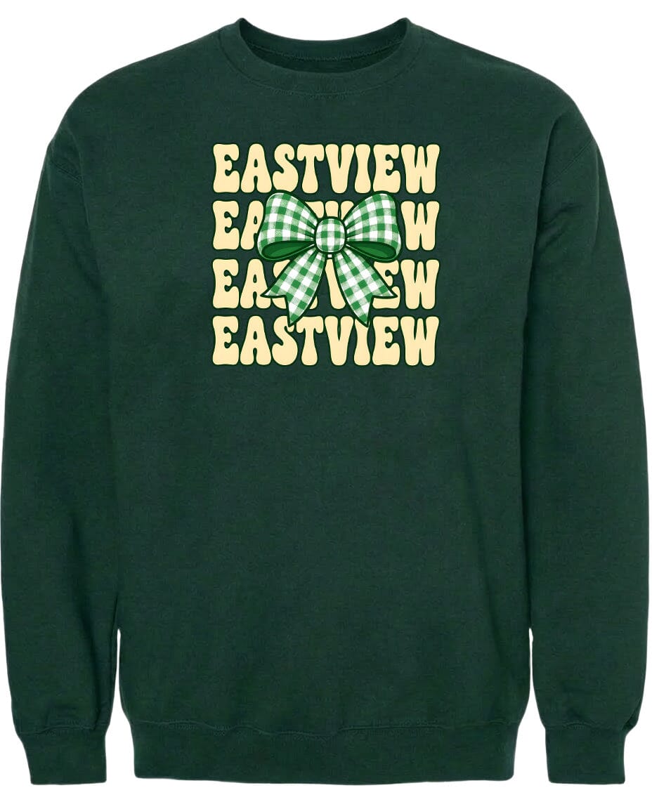 A dark green sweatshirt with a large green bow on the front.