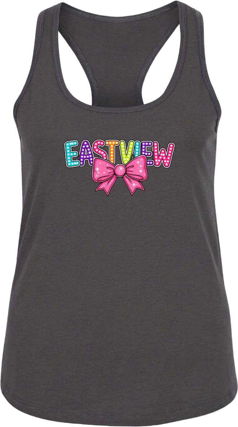 A gray tank top with a colorful bow and the word "EASTVIEW" printed on it.