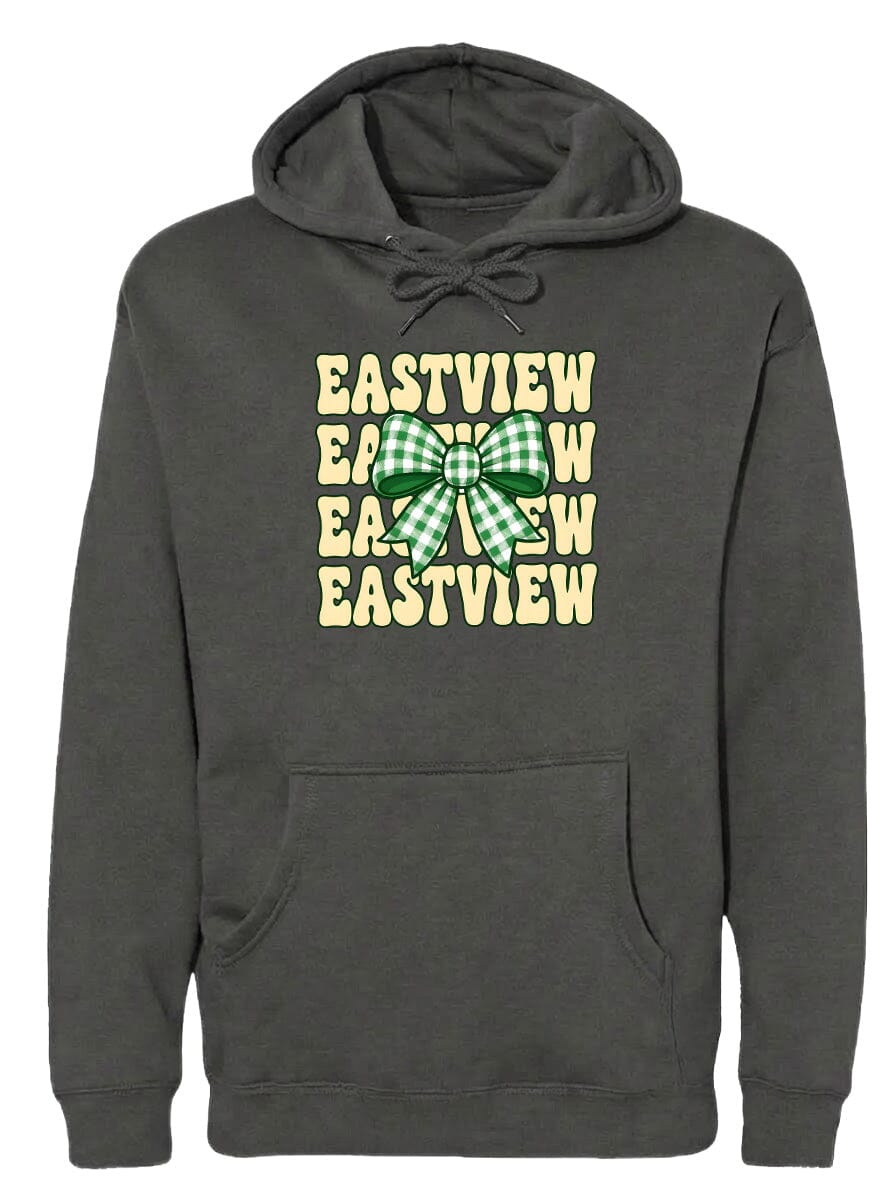 A gray hoodie with a graphic design featuring a green and white bow on the front.