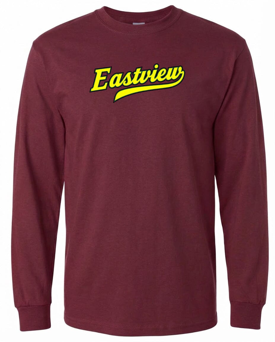 A burgundy long-sleeved t-shirt with the text "Eastview" printed in yellow on the front.