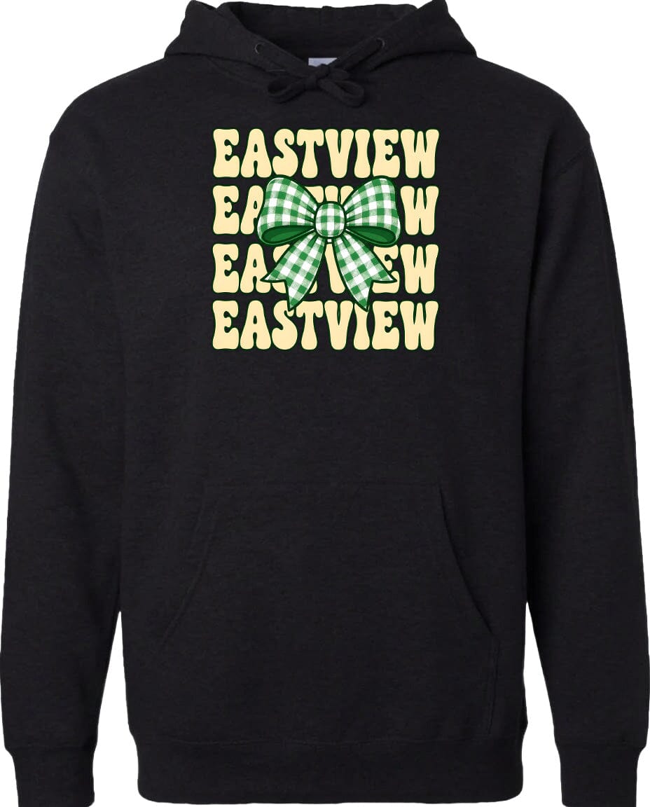 A black hoodie with a graphic design featuring a green and white checkered bow and the text "EASTVIEW" repeated in a vertical pattern.