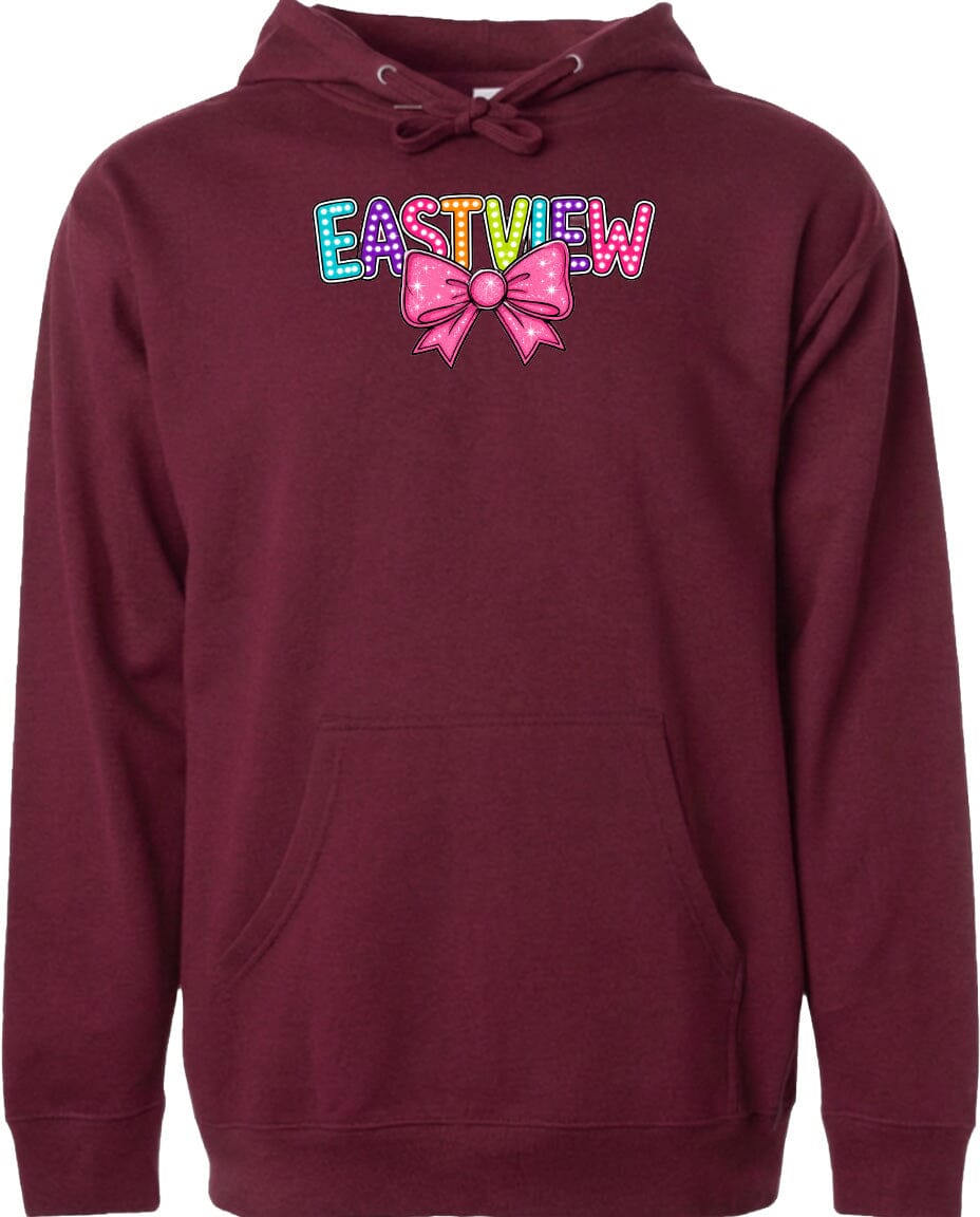 A burgundy-colored hoodie with a colorful bow and the word "EASTVIEW" printed on it.