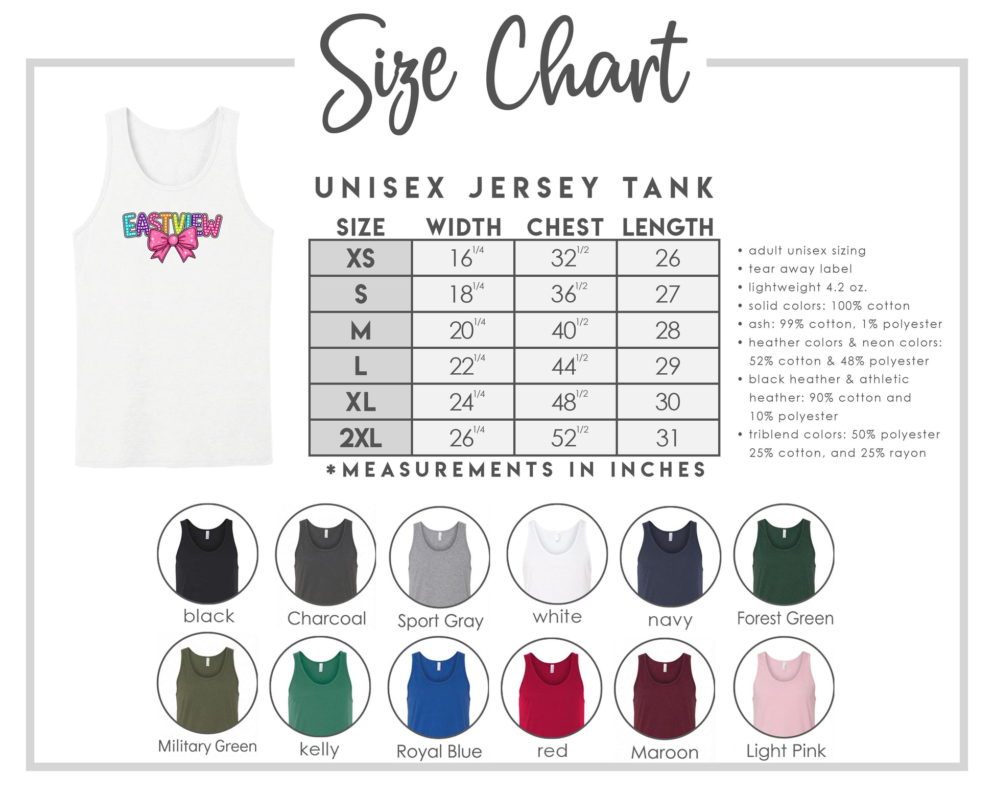 The image is a size chart for a unisex jersey tank, providing measurements for chest length, waist, and hip width. It includes a variety of tank colors and styles, such as black, charcoal, sport gray, navy, forest green, white, and pink.
