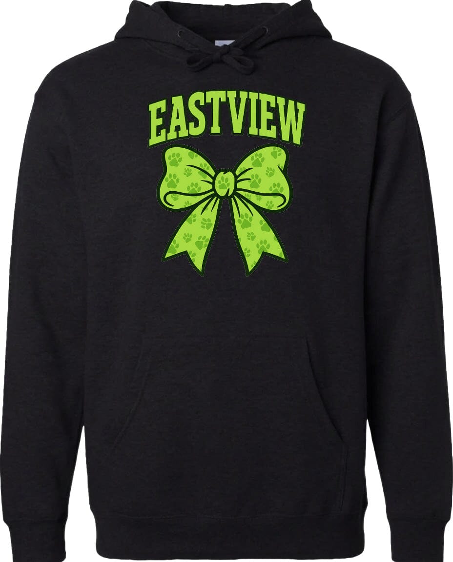 A black hoodie with a green bow and paw print design.