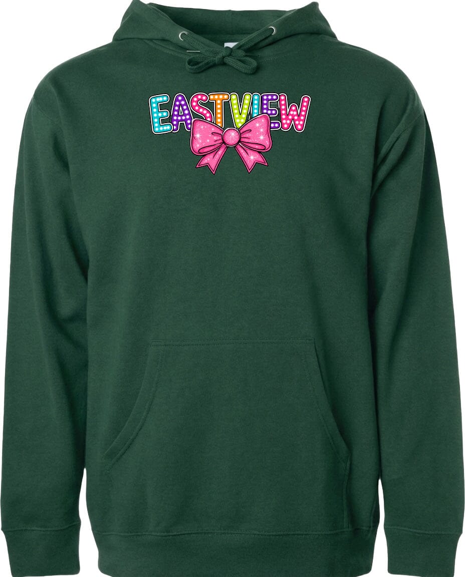 A green hoodie with a colorful bow and the word "EASTVIEW" printed on it.