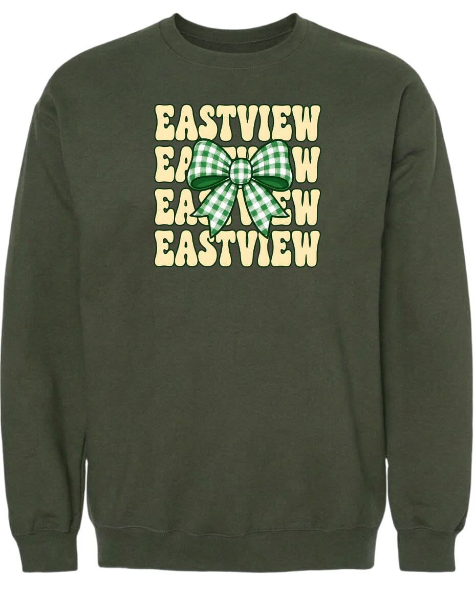 A dark green sweatshirt with a large green bow on the front.