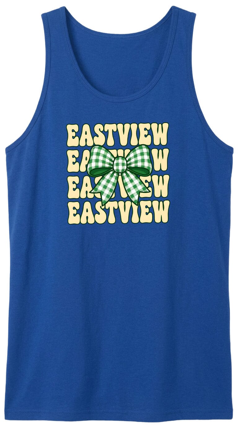 A blue tank top with a graphic design featuring a green and white checkered bow on the front.
