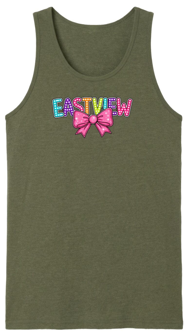 A green tank top with the word "EASTVIEW" and a colorful bow printed on it.