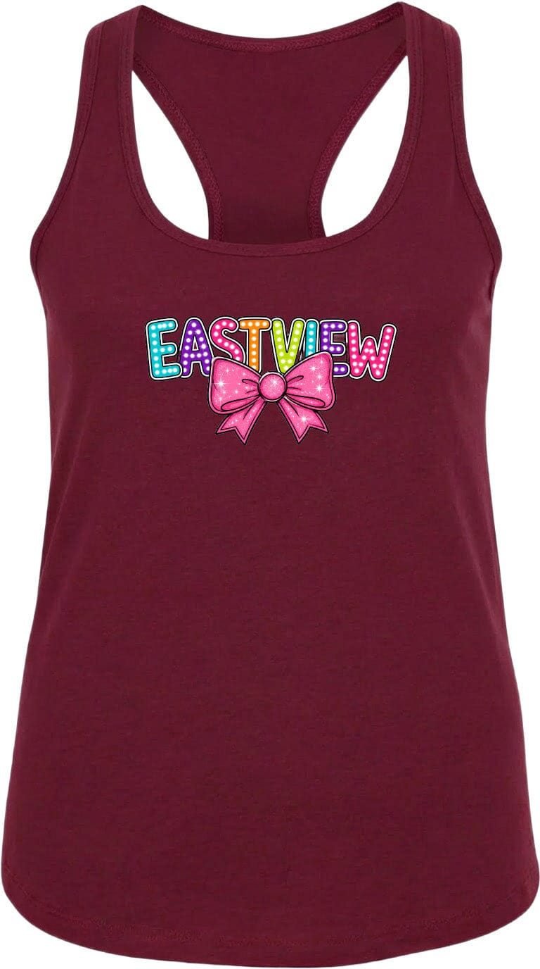 A burgundy-colored tank top with the word "EASTVIEW" printed on it in a colorful, stylized font.