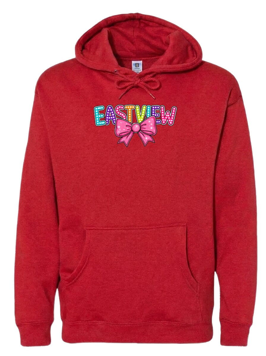 A red hoodie with the word 'EASTVIEW' printed on it, along with a bow-shaped graphic.