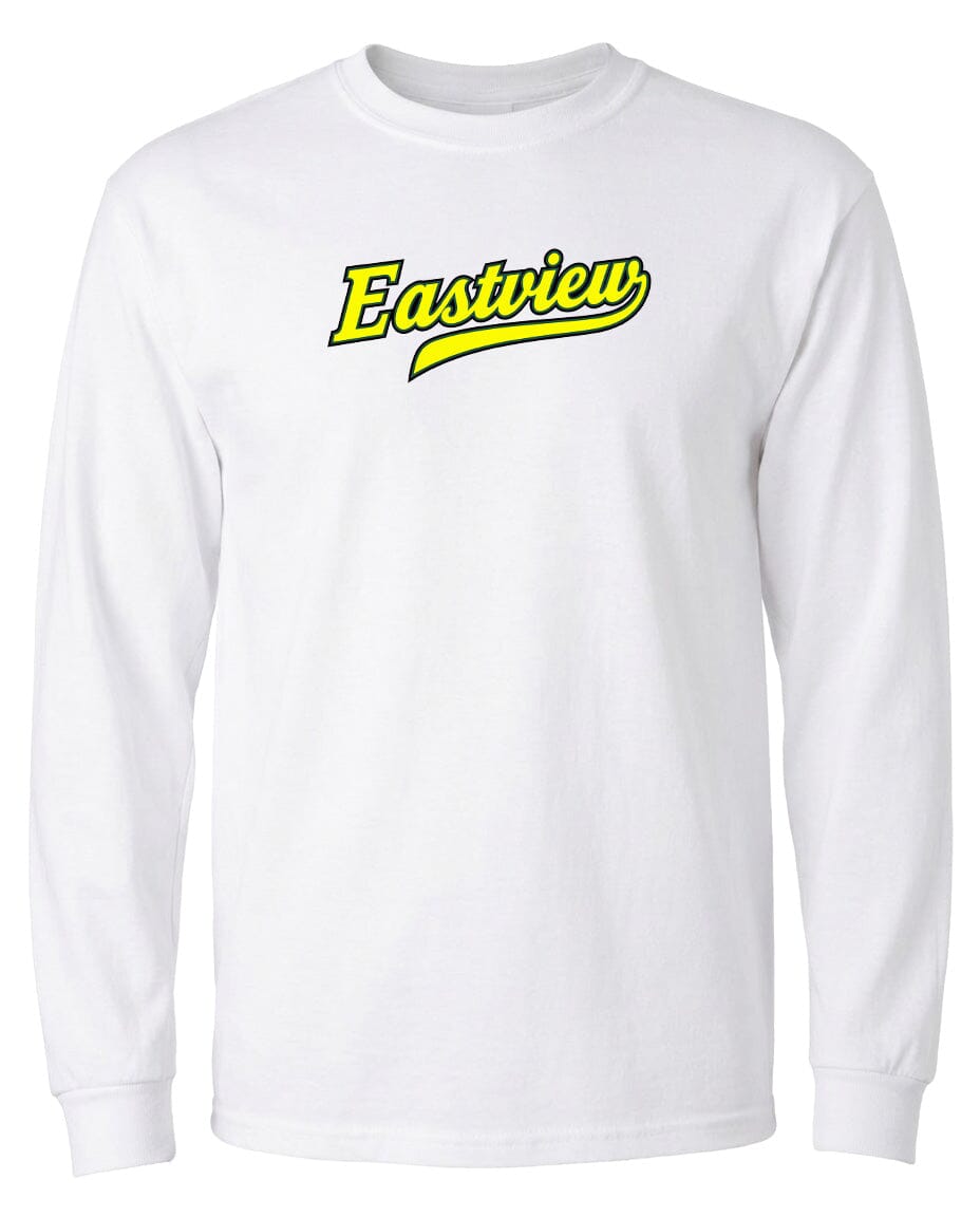A white long-sleeved t-shirt with the text "Eastview" printed in yellow on the front.