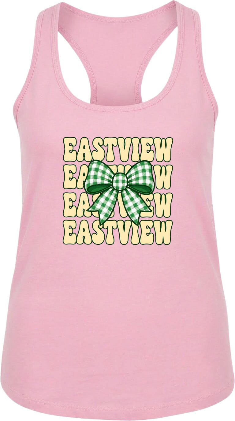 A pink tank top with a green bow and the text "EASTVIEW" repeated in a vertical pattern.