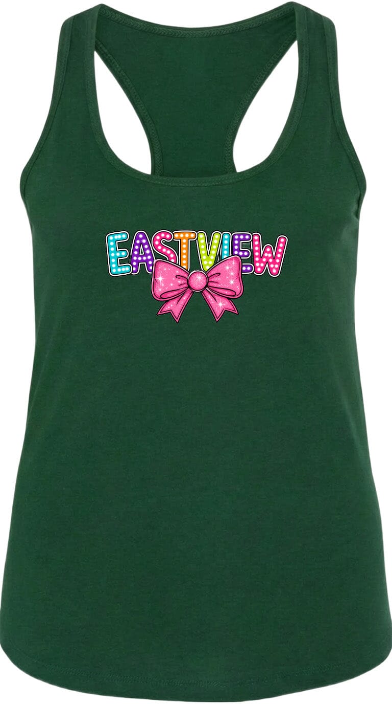 A green tank top with the word "EASTVIEW" and a bow printed on it.