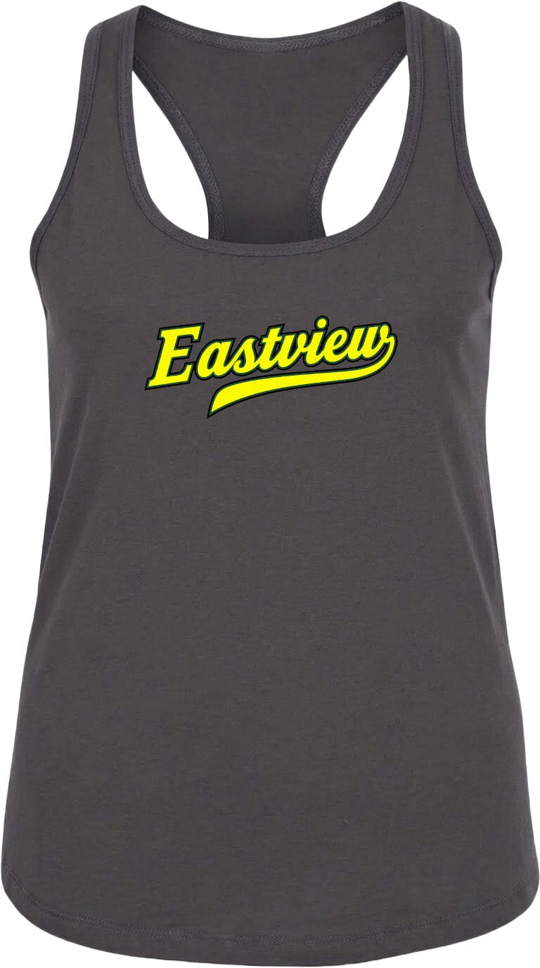 A gray tank top with the word "Eastview" printed in yellow on the front.