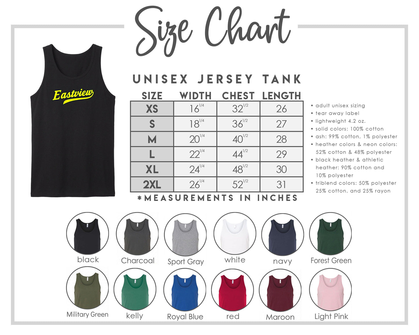 The image is a size chart for a unisex jersey tank, providing measurements in inches for different chest sizes. It includes a black tank, a gray tank, a navy tank, and a forest green tank, along with various color options such as black, charcoal, sport gray, navy, forest green, royal blue, red, maroon, and light pink.